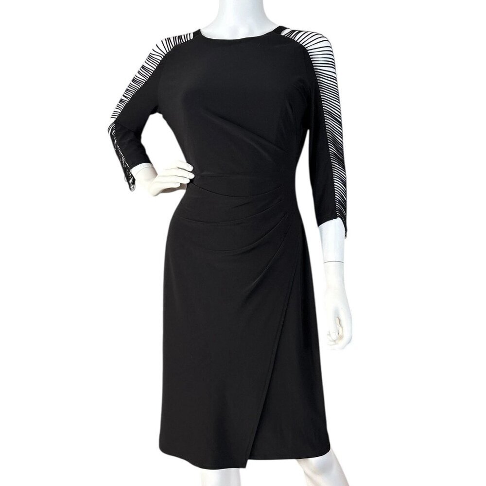 Joseph Ribkoff Cold Shoulder Fringe Sleeve Pleated Cocktail Dress Black Size 6